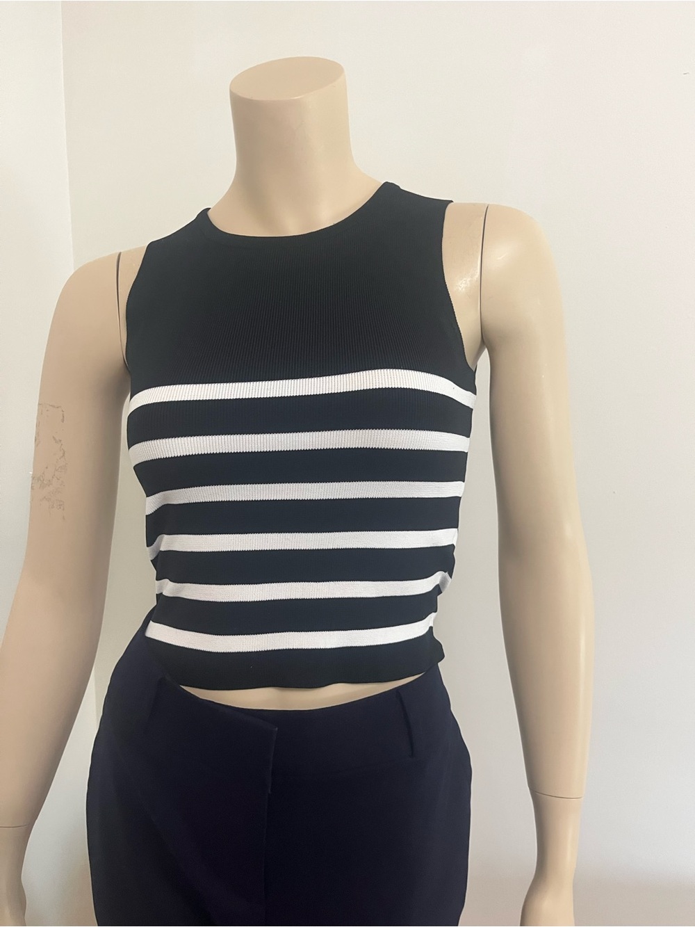 Sleeveless Black & White Striped Ribbed Crop Top